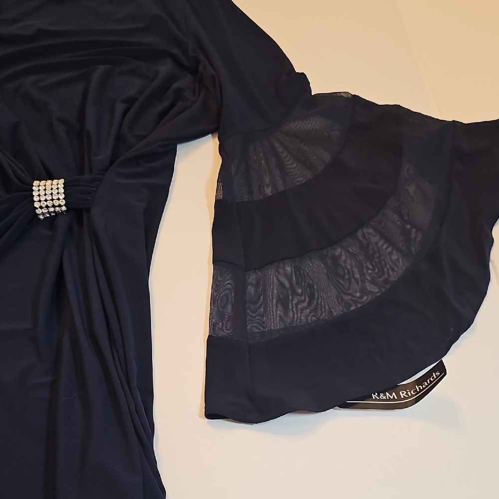 NWT 18W R&M Richards Navy Rhinestone Faux Wrap Belle Sleeve Dress Wedding Dressy - Picture 14 of 15